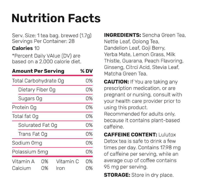 Lulutox Detox Tea Ingredients Nutrition Facts